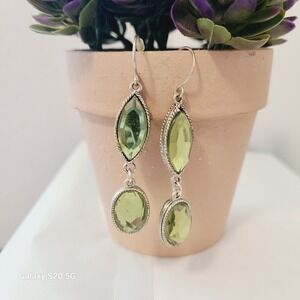 Green Gemstone Dangle Earrings, Silver Tone, Women's Fashion Jewelry Pre-Owned